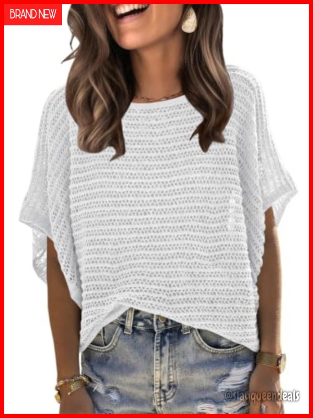 Ribbed Knit Crochet Pullover Sweater Beach Coverup Loose Fit Women's